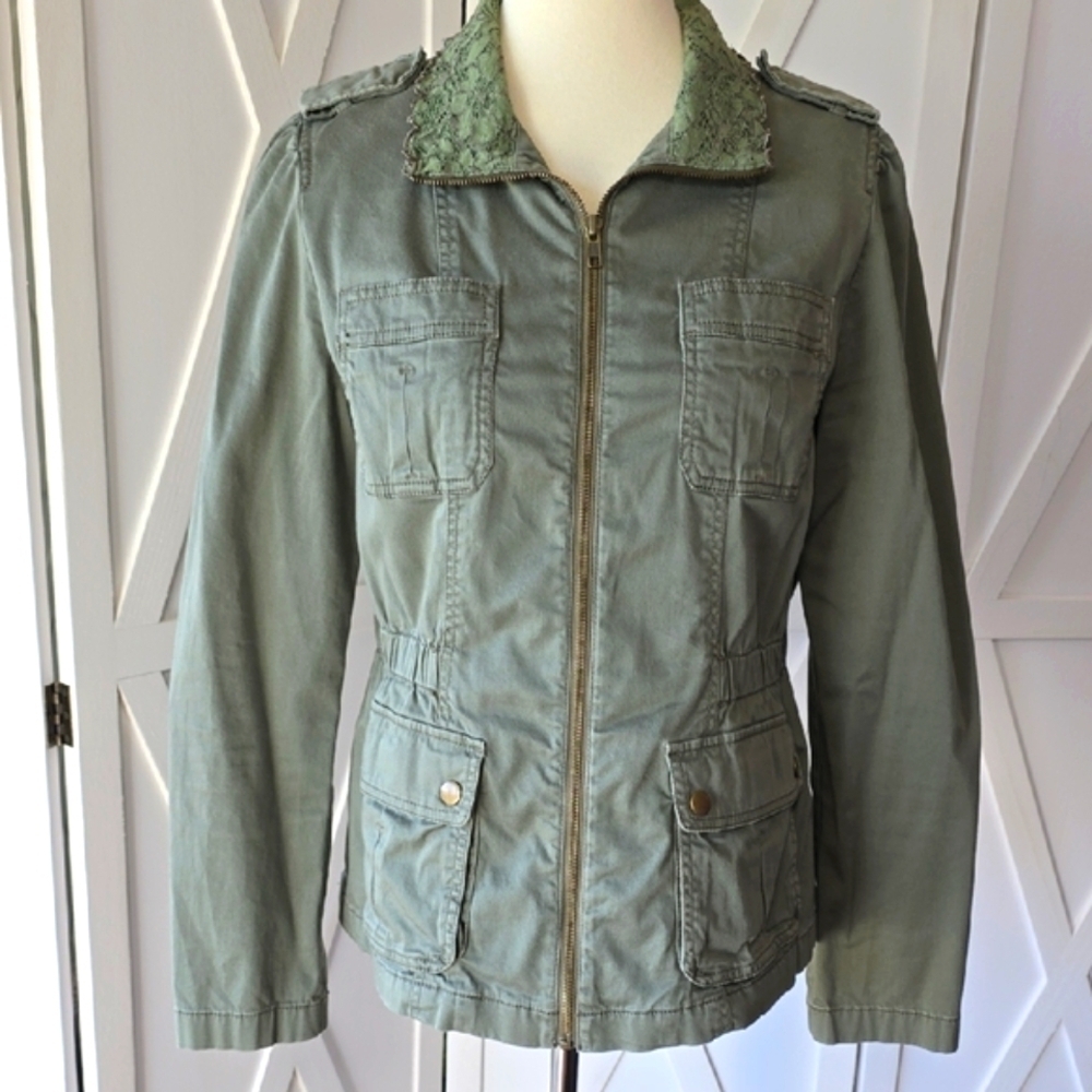 Ann Taylor LOFT Army Green Utility Jacket with Lace Collar Detail